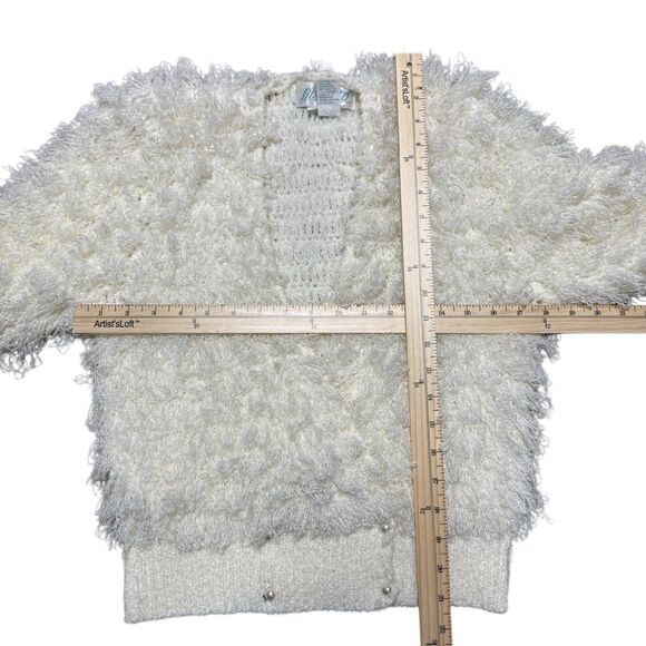 Vintage Womens Hand Crochet Cardigan Sweater M Boho Cream Fuzzy Knit Cottagecore - Picture 11 of 15